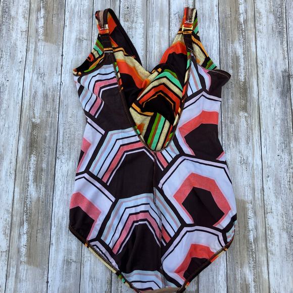 Tara Grinna Swimsuit Sz 14 One Piece Faux Wrap Brown Orange Retro Geometric - Picture 15 of 15